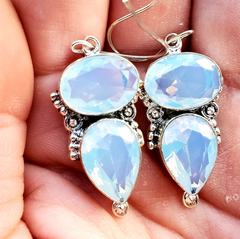 New Huge Milky Opal 925 Silver Earrings.